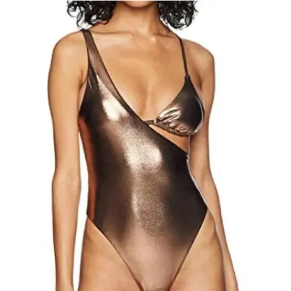 Sports Illustrated Womens Metallic Bronze Femme Fatale Asymmetrical Swimsuit 6